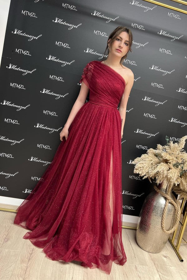 Burgundy Off-the-Shoulder Prom Dress Sequins Long