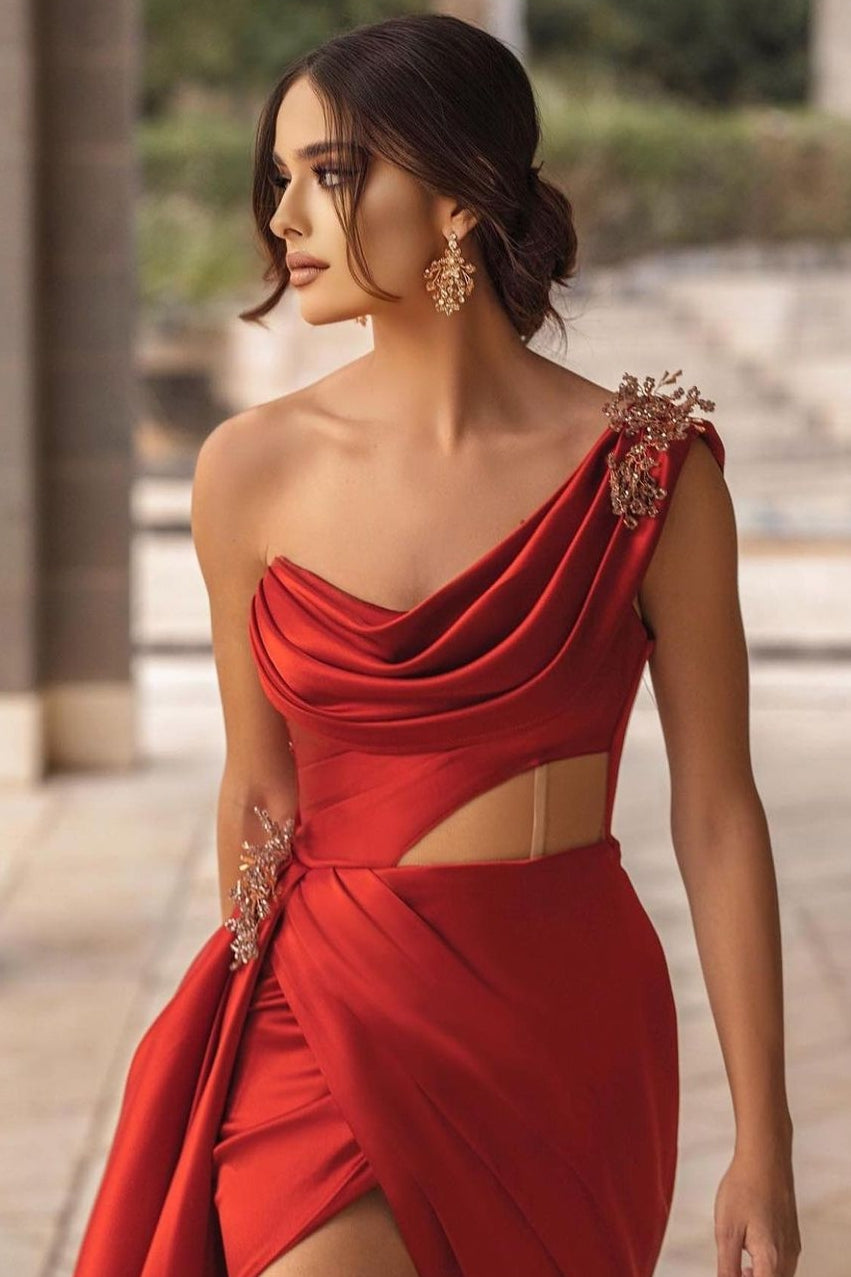 Burgundy One-shoulder High Split Long Prom Dress with Half train