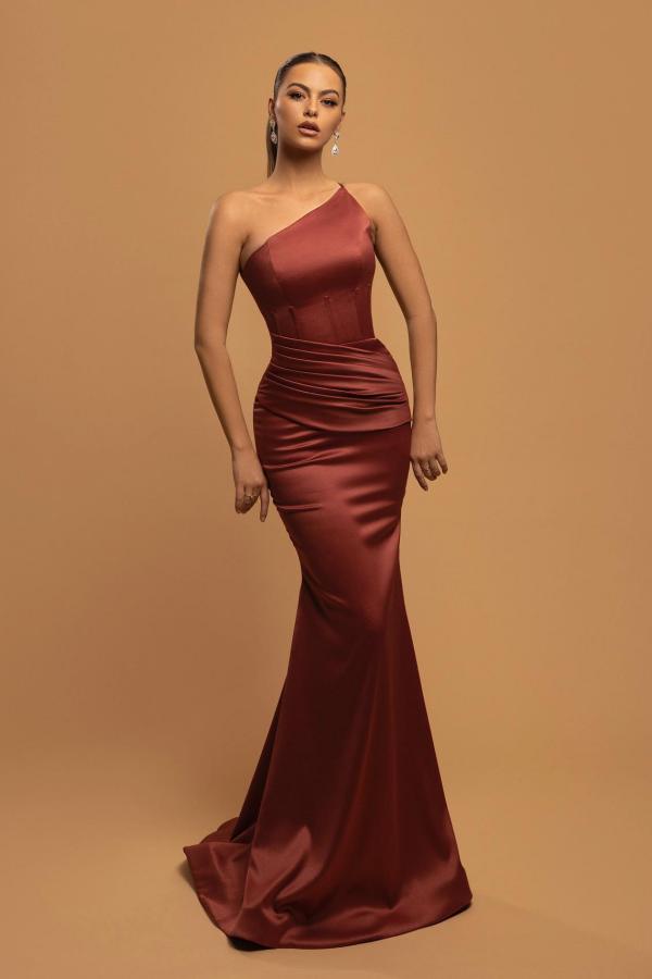 Burgundy One Shoulder Prom Dress Mermaid Long