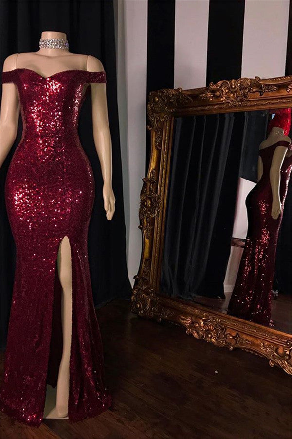 Burgundy Sequins Long Prom Dress Mermaid