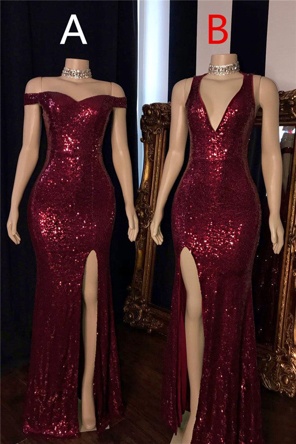 Burgundy Sequins Long Prom Dress Mermaid