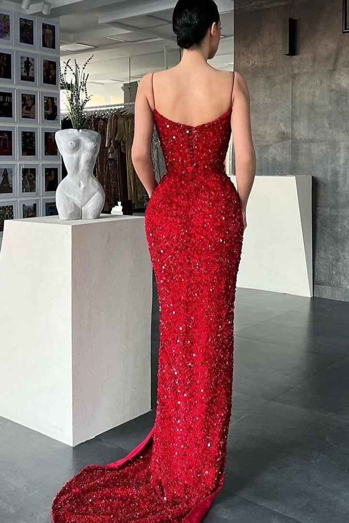 Burgundy Spaghetti-Straps Mermaid Prom Dress Long Sequins Evening Gowns With Split