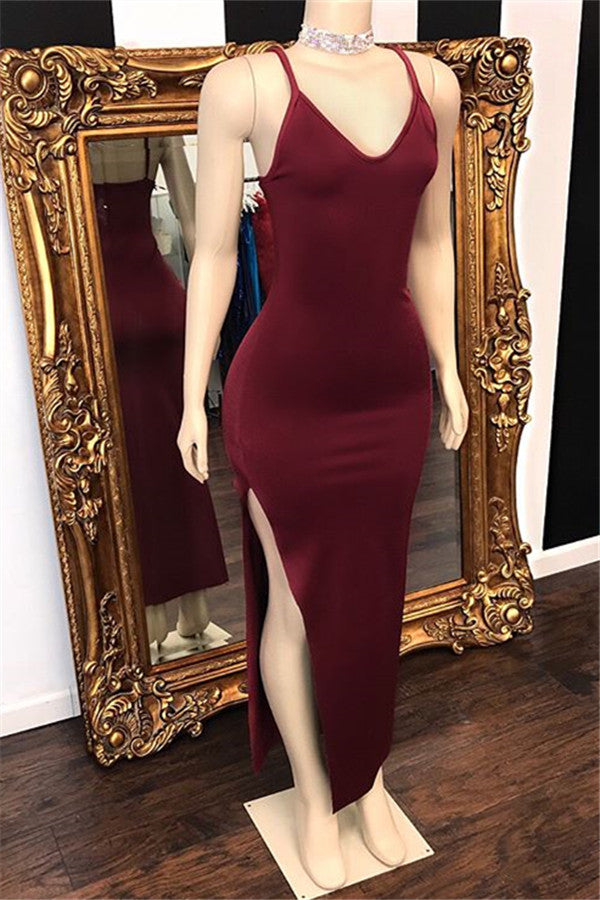 Burgundy Spaghetti-Straps Mermaid Prom Dress Side Slit