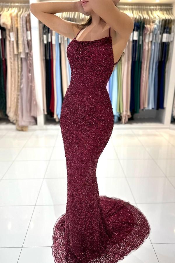 Burgundy Spaghetti-Straps Prom Dress Mermaid With Sequins Beaded