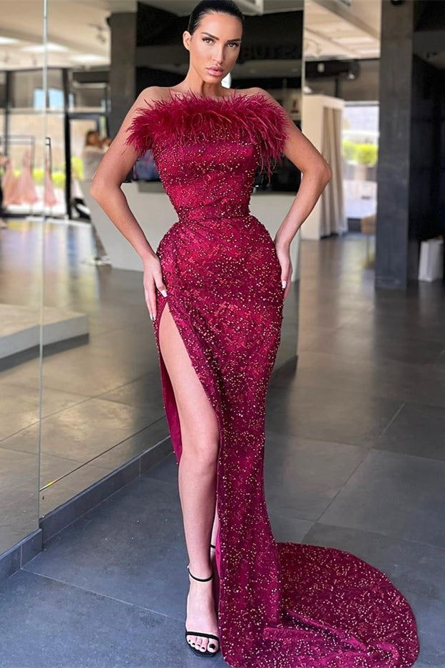 Burgundy Strapless Mermaid Prom Dress Slit With Sequins Beads Feather