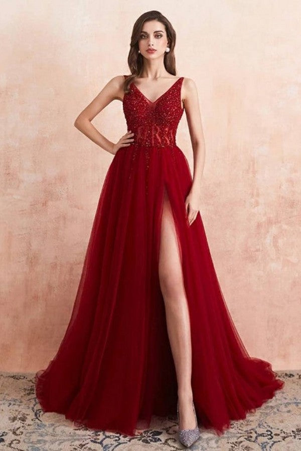 Burgundy V-Neck Sleeveless Long Evening Dress With Split Lace Appliques