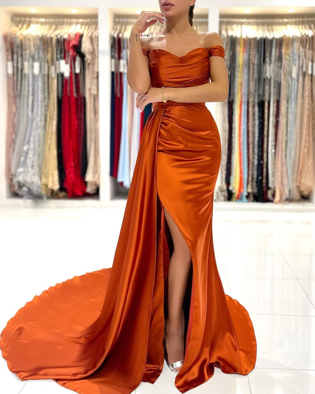 Burnt Orange Mermaid Prom Dress Off-the-Shoulder Slit Party Gowns