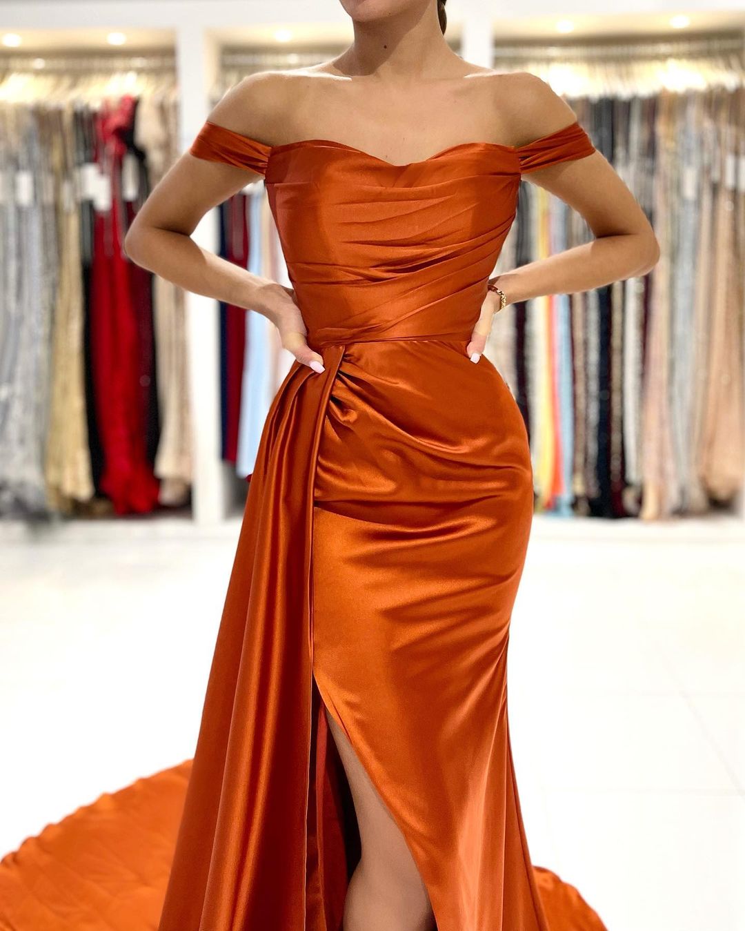 Burnt Orange Mermaid Prom Dress Off-the-Shoulder Slit Party Gowns