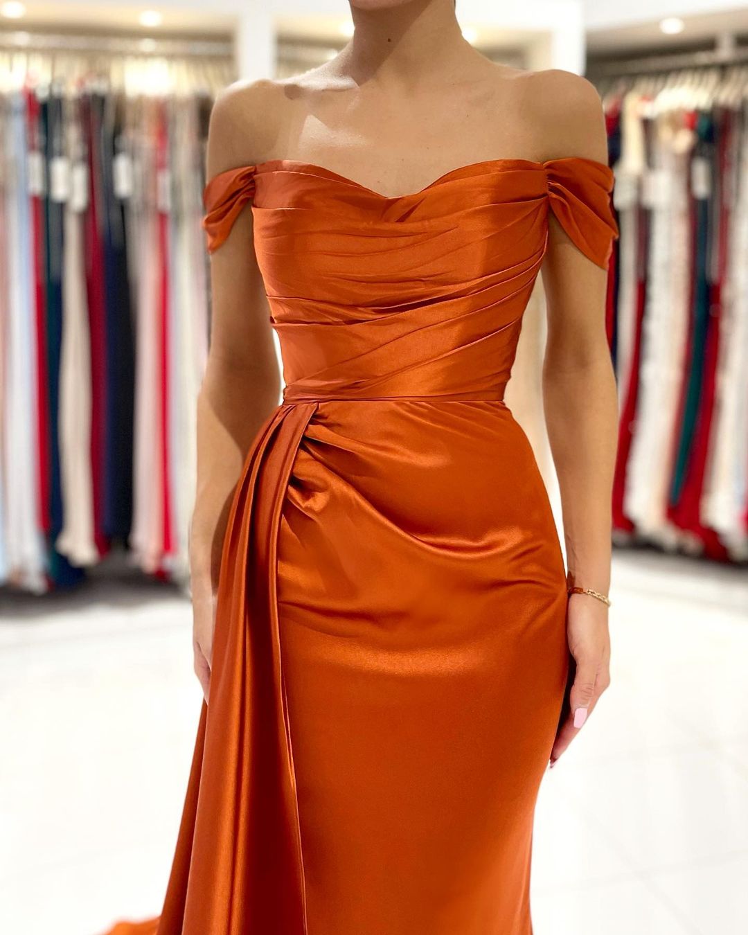 Burnt Orange Mermaid Prom Dress Off-the-Shoulder Slit Party Gowns