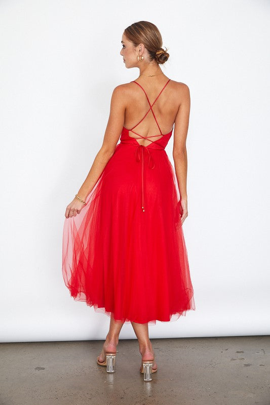 Tulle Ballerina Midi Dress With Cowl Front And Lace Up Open Back