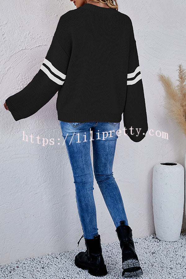 Contrast Color Round Neck Pullover Love Heart Knitted Long Sleeved Sweater