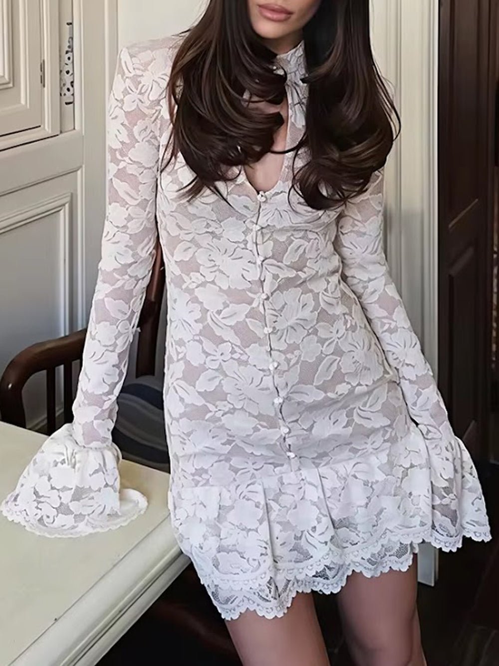 White Lace Mock Neck Keyhole Long Sleeve Bell Cuff Tiered Hem Mini Dress 5