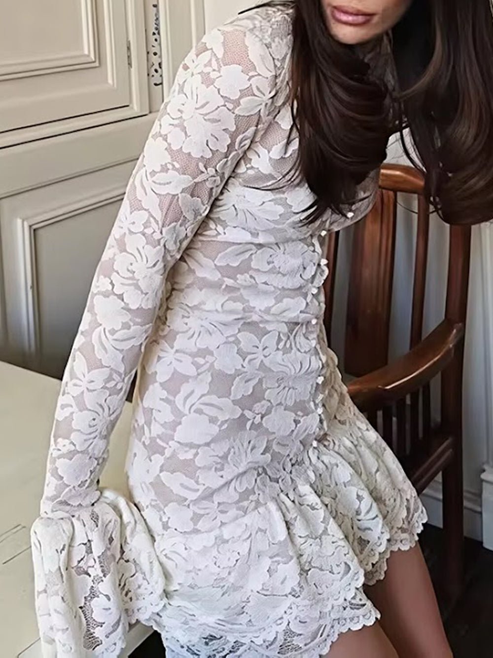 White Lace Mock Neck Keyhole Long Sleeve Bell Cuff Tiered Hem Mini Dress 6