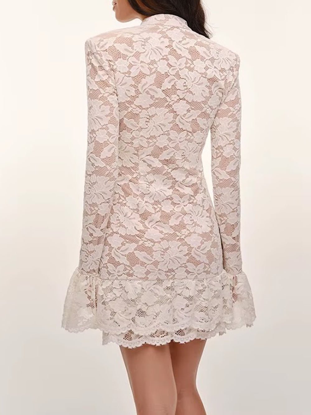 White Lace Mock Neck Keyhole Long Sleeve Bell Cuff Tiered Hem Mini Dress 2