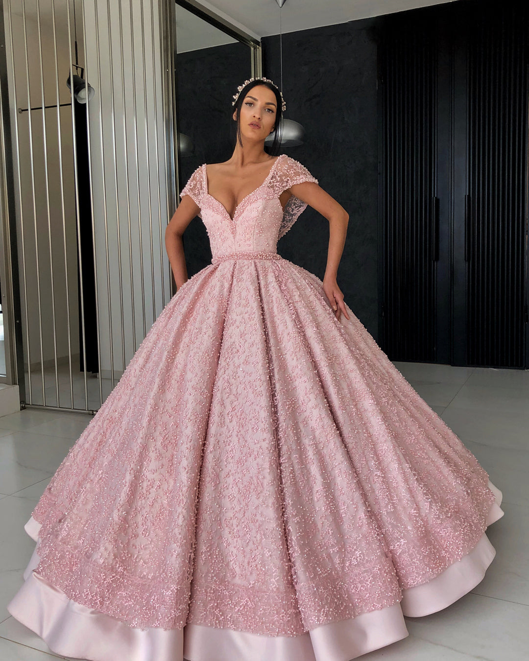 Cap Sleeves Ball Gown Prom Dress Pink With Pearls