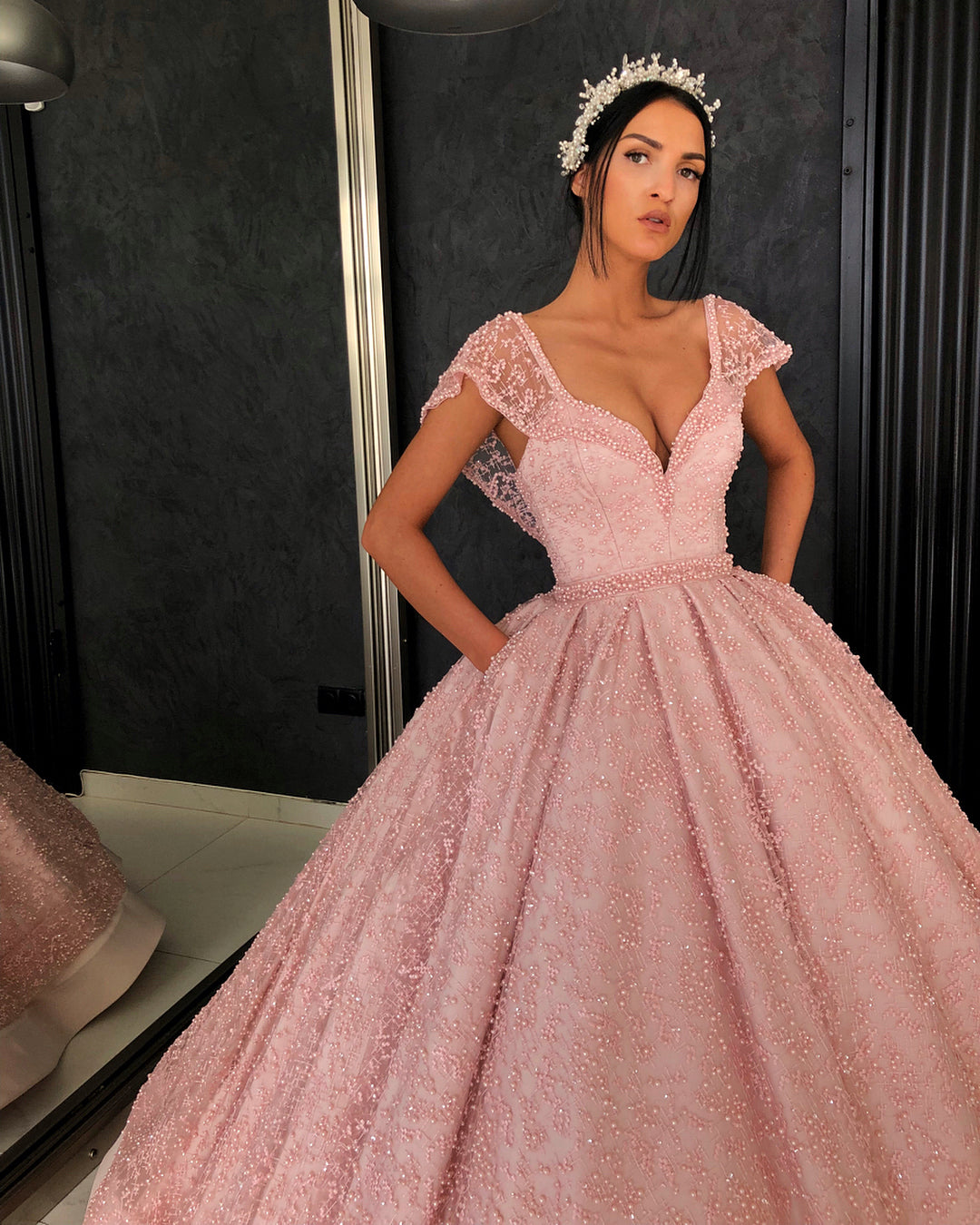 Cap Sleeves Ball Gown Prom Dress Pink With Pearls