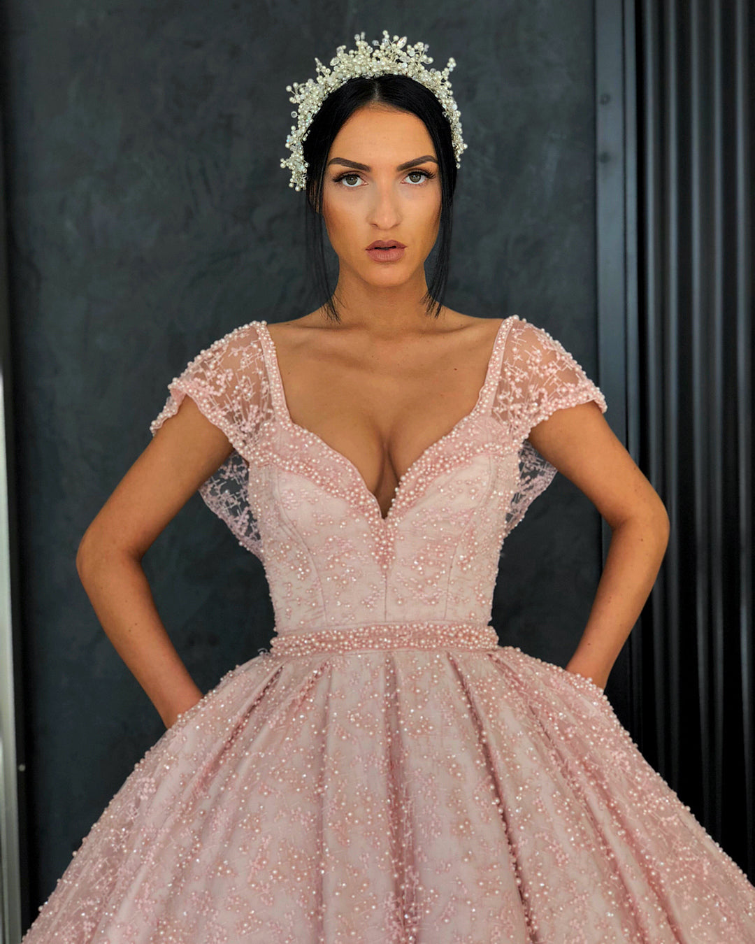 Cap Sleeves Ball Gown Prom Dress Pink With Pearls