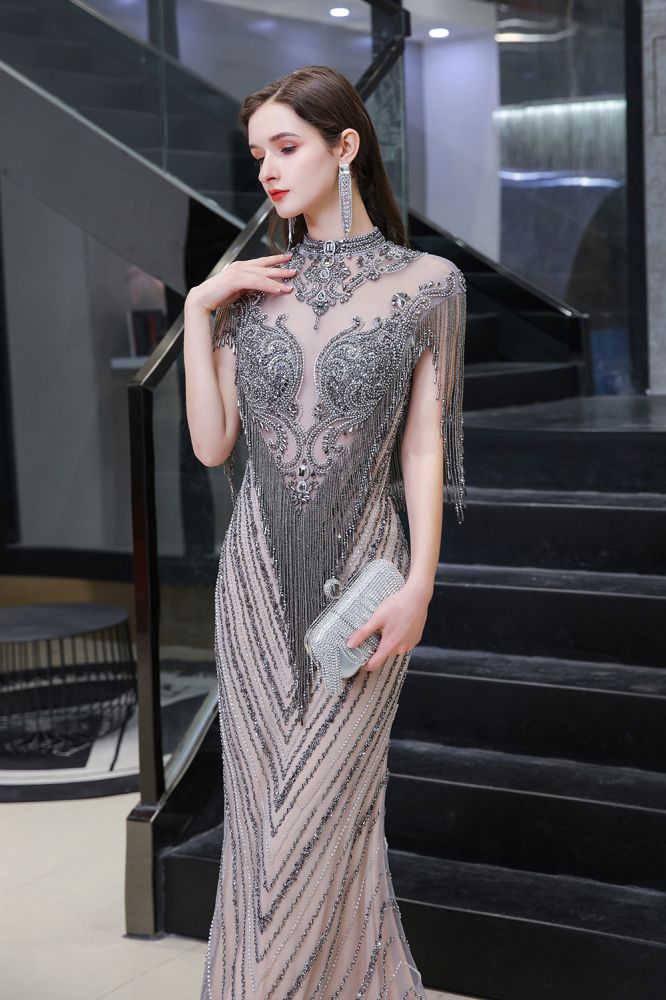 Cap sleeves High neck Sparkle Beads Long Prom Dresses On Sale