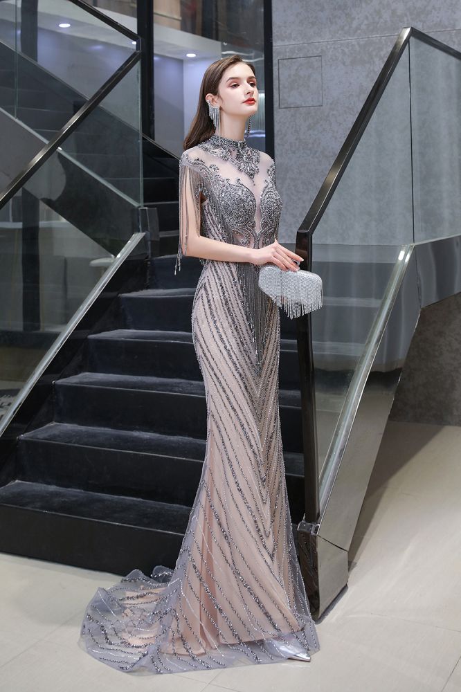 Cap sleeves High neck Sparkle Beads Long Prom Dresses On Sale