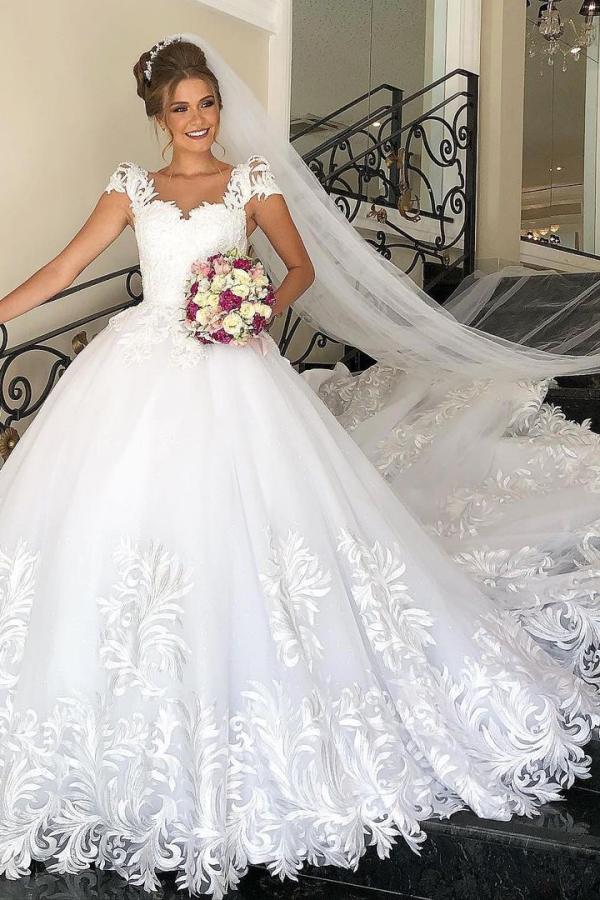 Cap Sleeves Lace Applqiues Wedding Dress Ball Gown Princess Bridal Wear