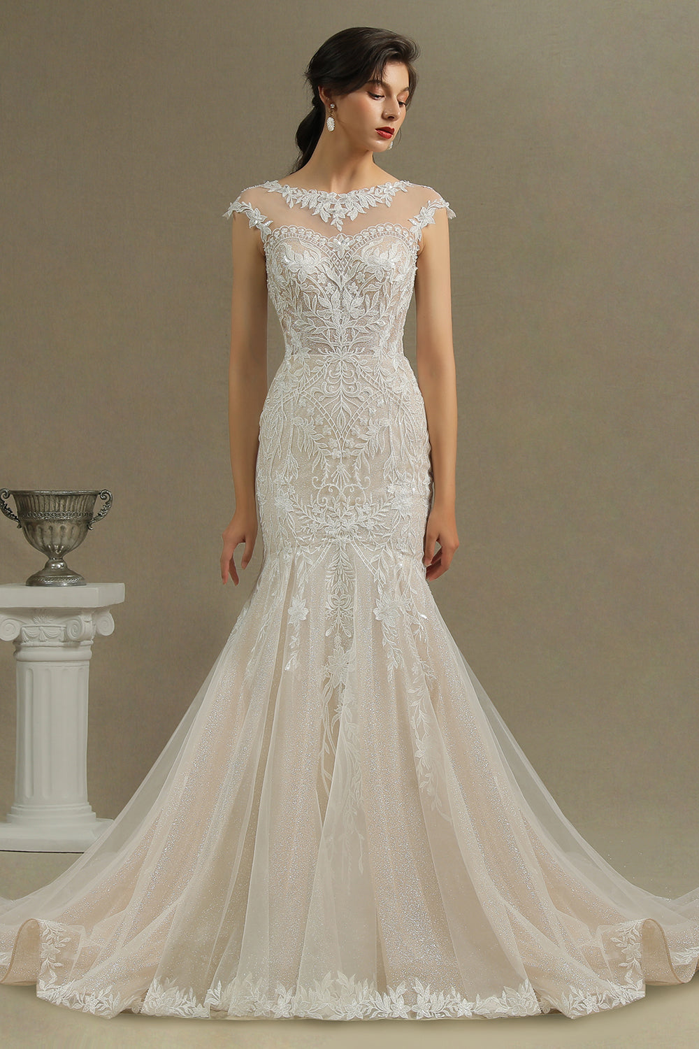 Cap Sleeves Lace Mermaid Long Wedding Dresses