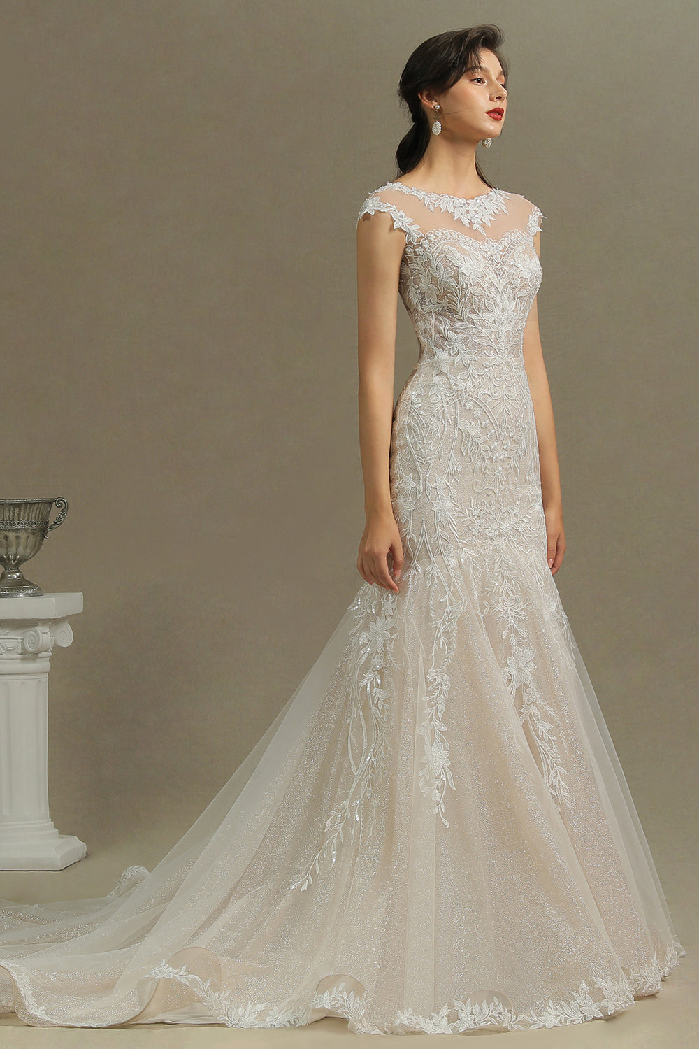 Cap Sleeves Lace Mermaid Long Wedding Dresses