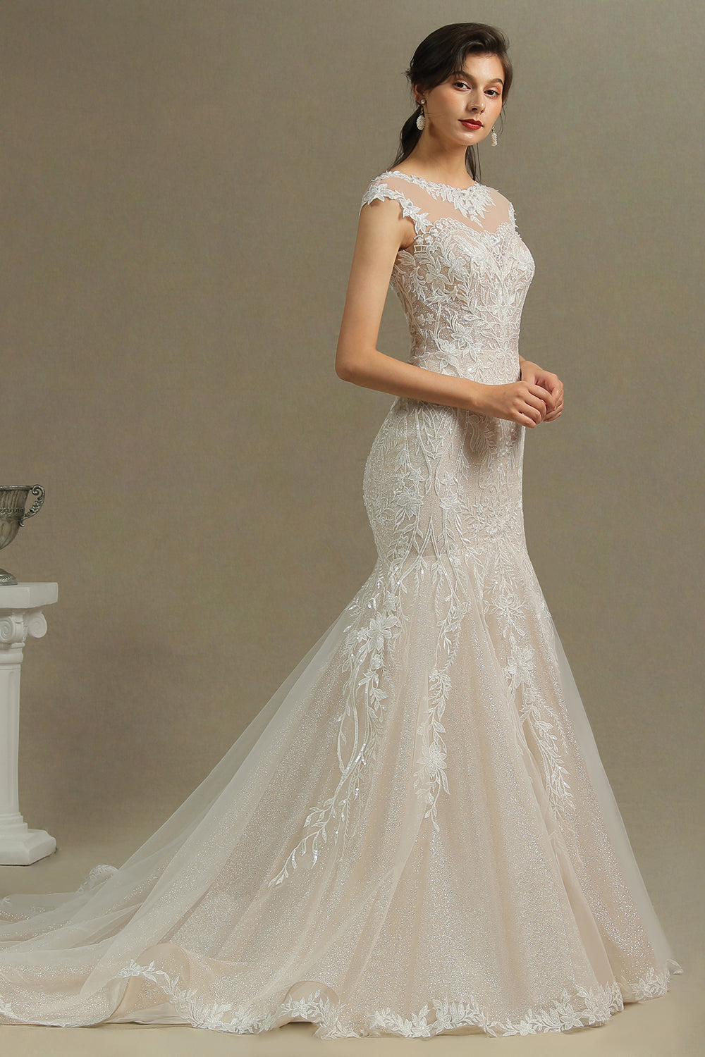 Cap Sleeves Lace Mermaid Long Wedding Dresses