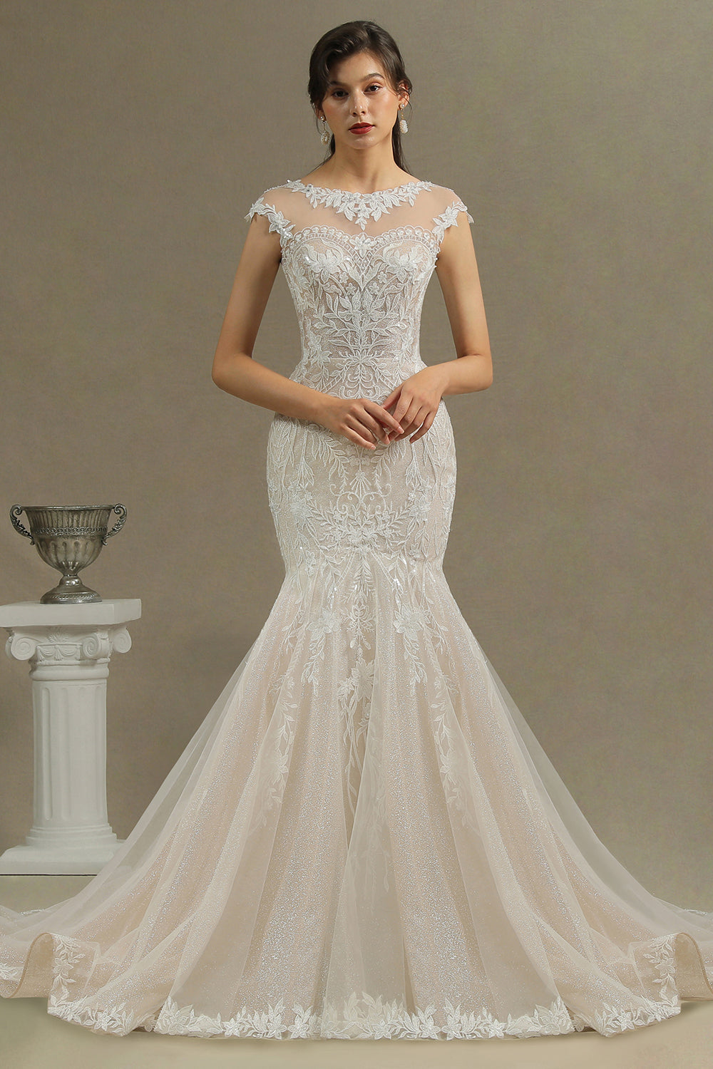 Cap Sleeves Lace Mermaid Long Wedding Dresses