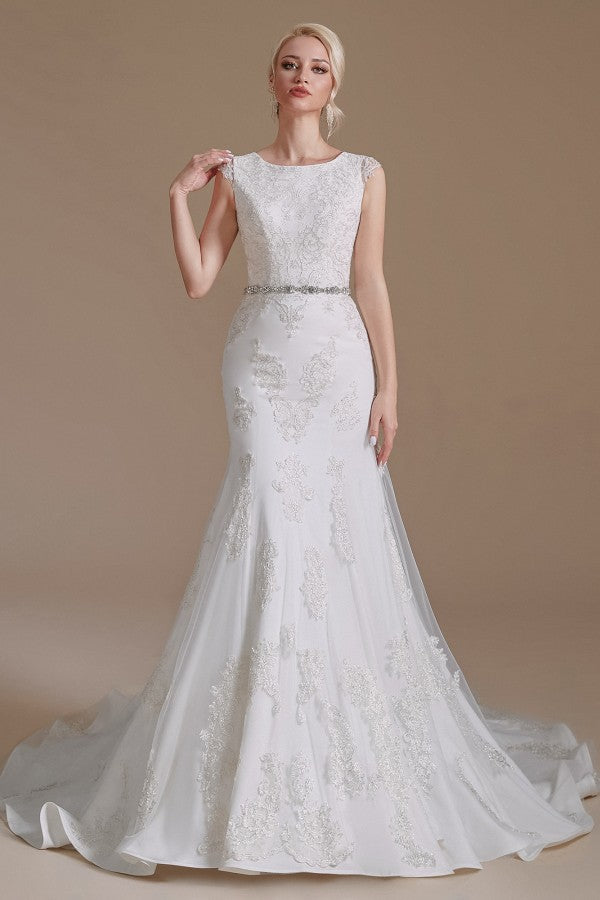 Cap Sleeves Mermaid Lace Wedding Dress Long