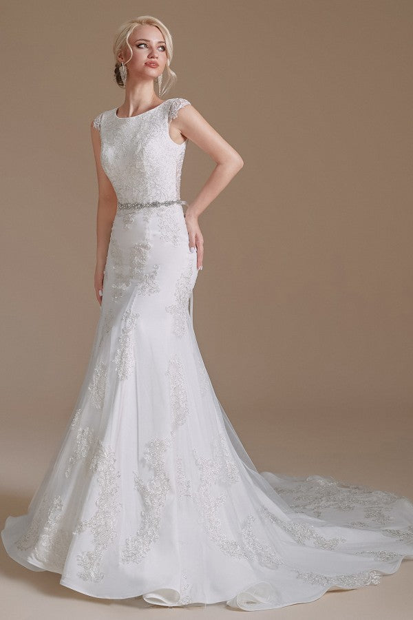 Cap Sleeves Mermaid Lace Wedding Dress Long