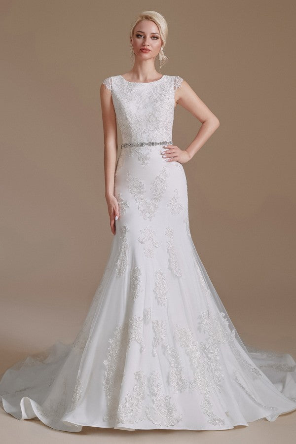 Cap Sleeves Mermaid Lace Wedding Dress Long