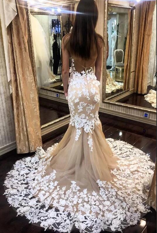 Cap Sleeves Mermaid Wedding Dress Open Back With Appliques