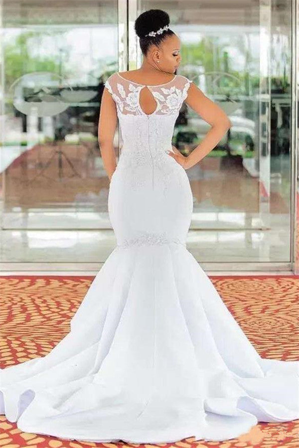 Cap Sleeves Mermaid Wedding Dress With Lace Appliques