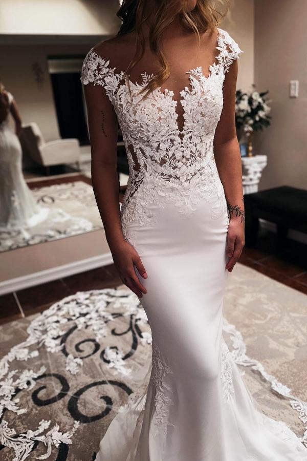 Cap Sleeves Wedding Dresses Mermaid Long