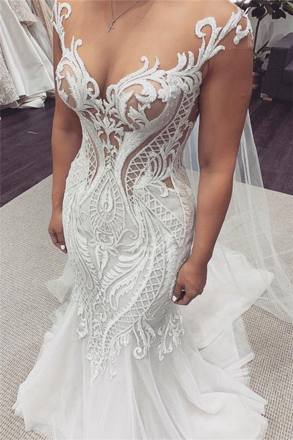 Cap sleeves White Lace Mermaid court Train Wedding Dress