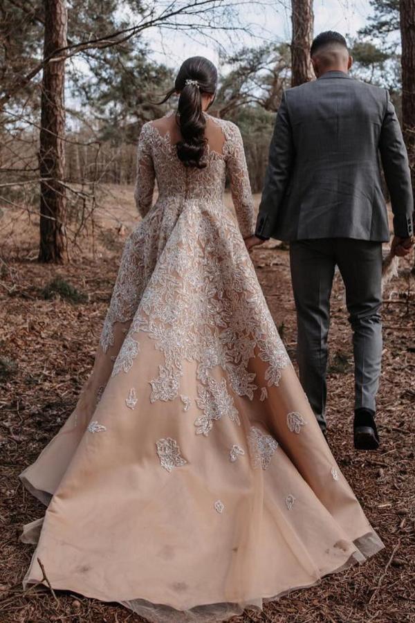 Champagne Long Sleeves Wedding Dress Ball Gown With Appliques