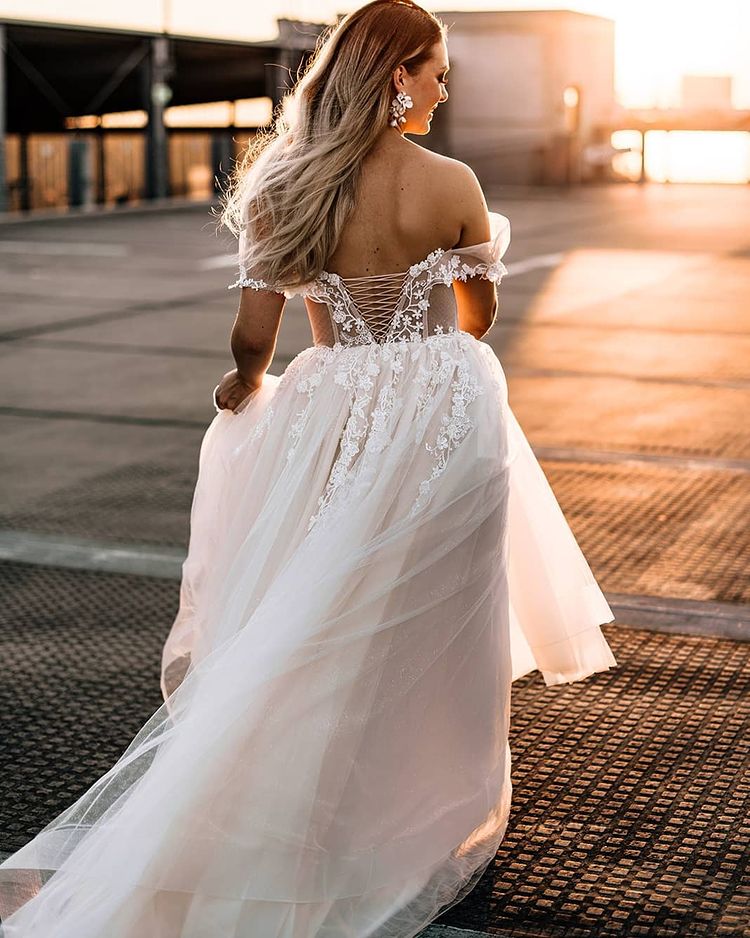 Champagne Off-the-Shoulder Beach Wedding Dress Tulle With Appliques