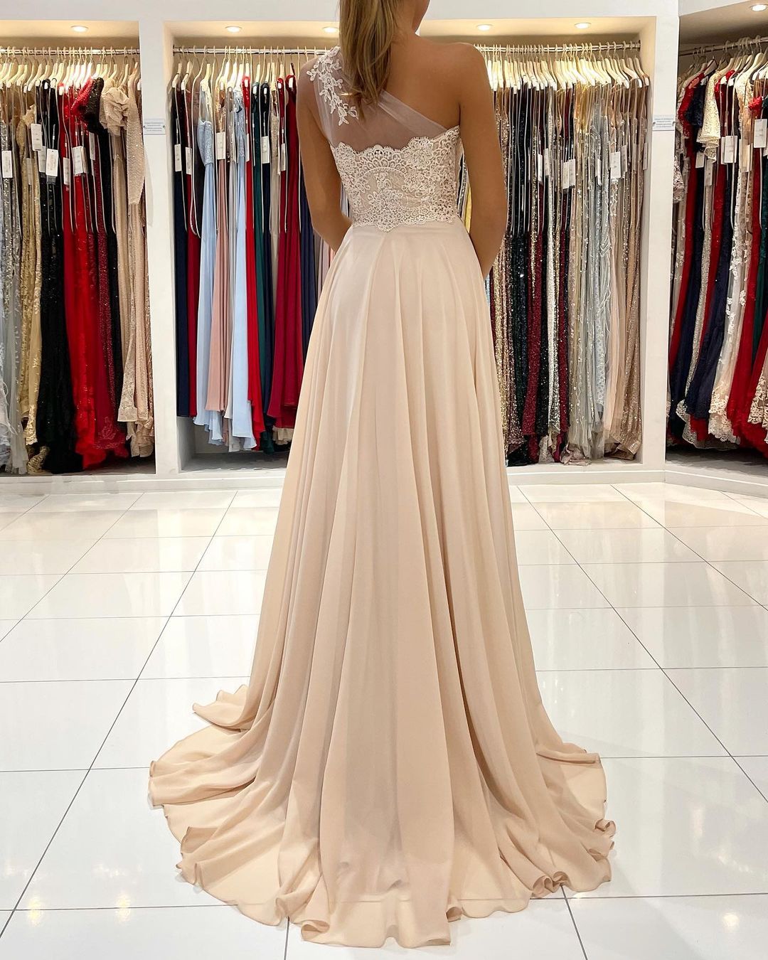 Champagne One Shoulder Prom Dress Split Long With Appliques