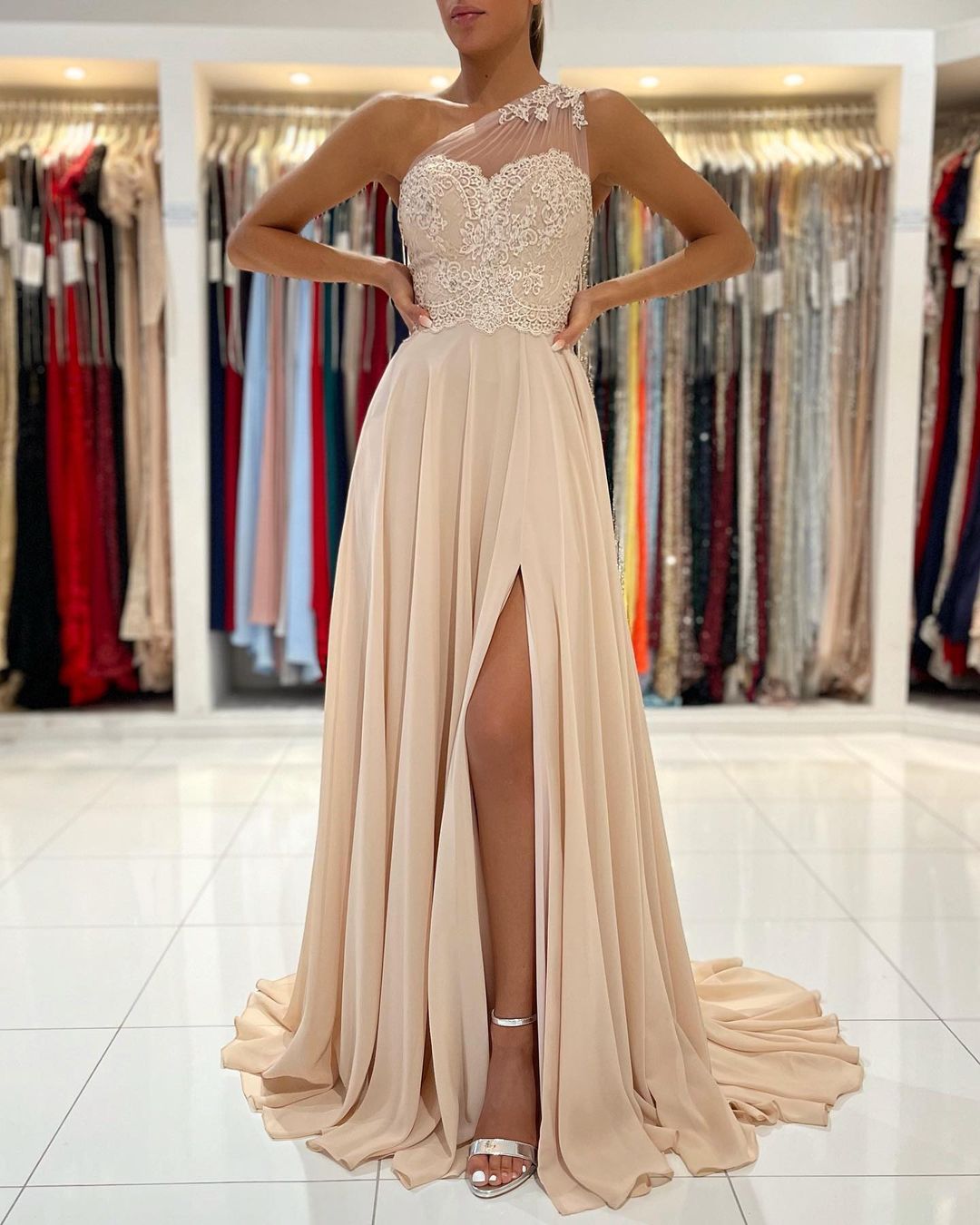 Champagne One Shoulder Prom Dress Split Long With Appliques