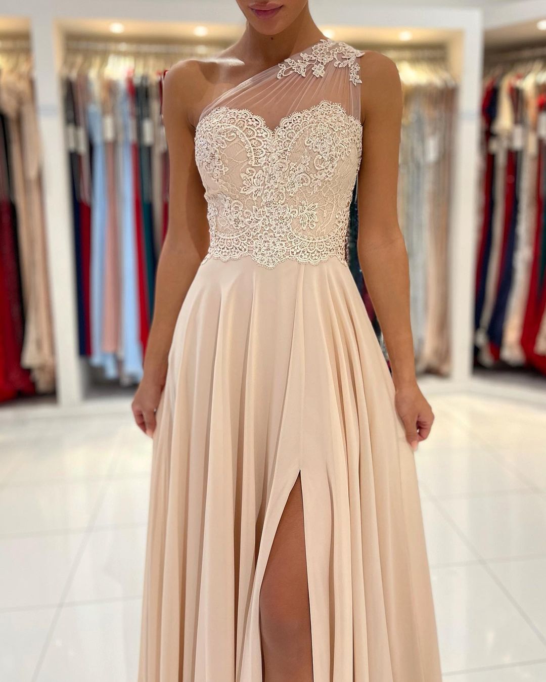 Champagne One Shoulder Prom Dress Split Long With Appliques