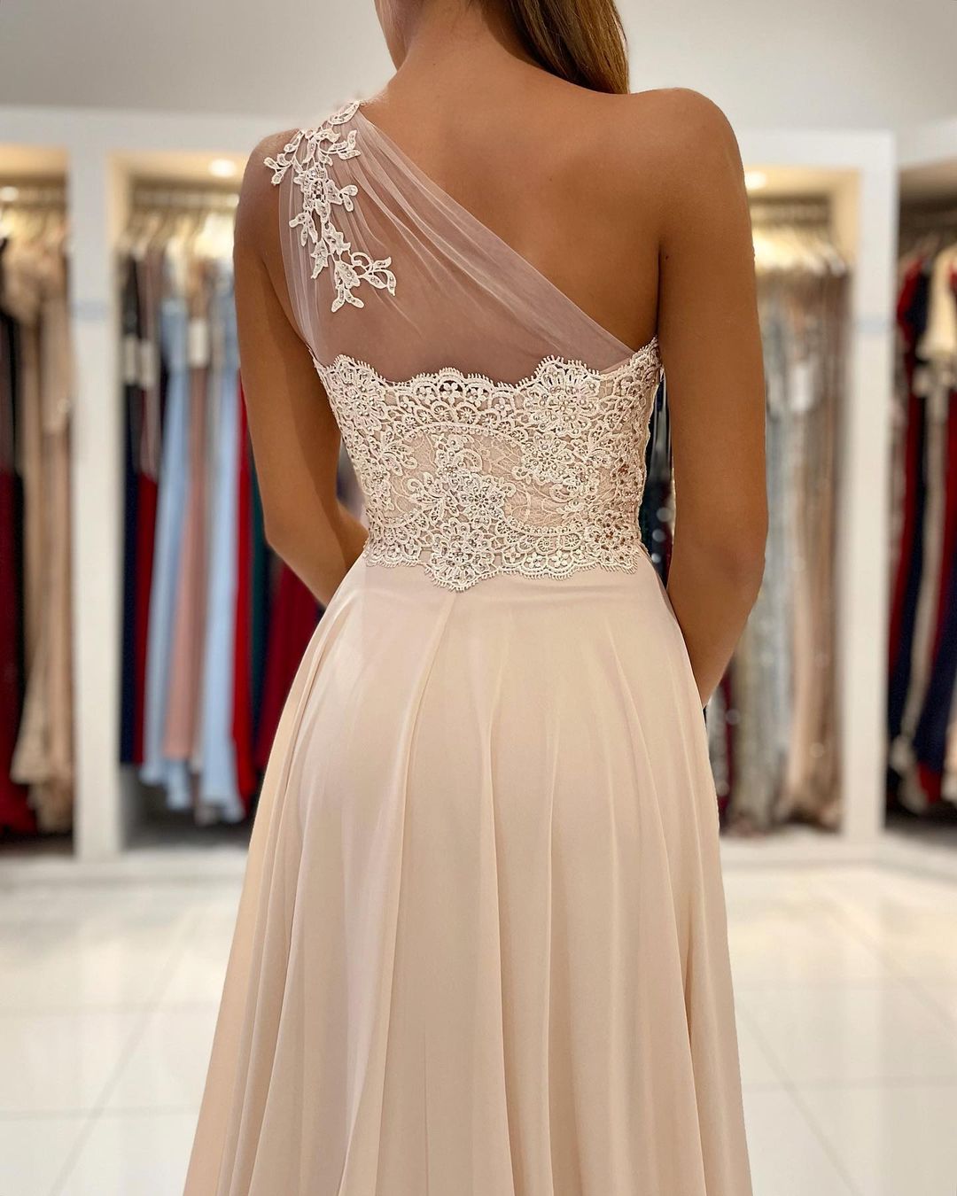 Champagne One Shoulder Prom Dress Split Long With Appliques