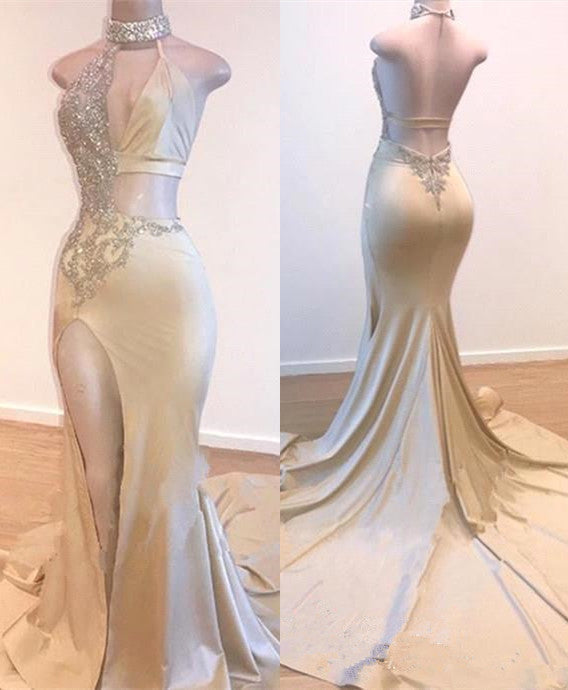 Champagne Sleeveless Prom Dress Mermaid Backless With Split