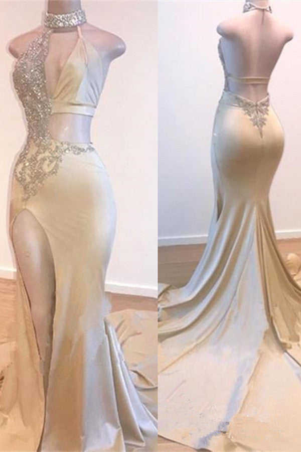 Champagne Sleeveless Prom Dress Mermaid Backless With Split