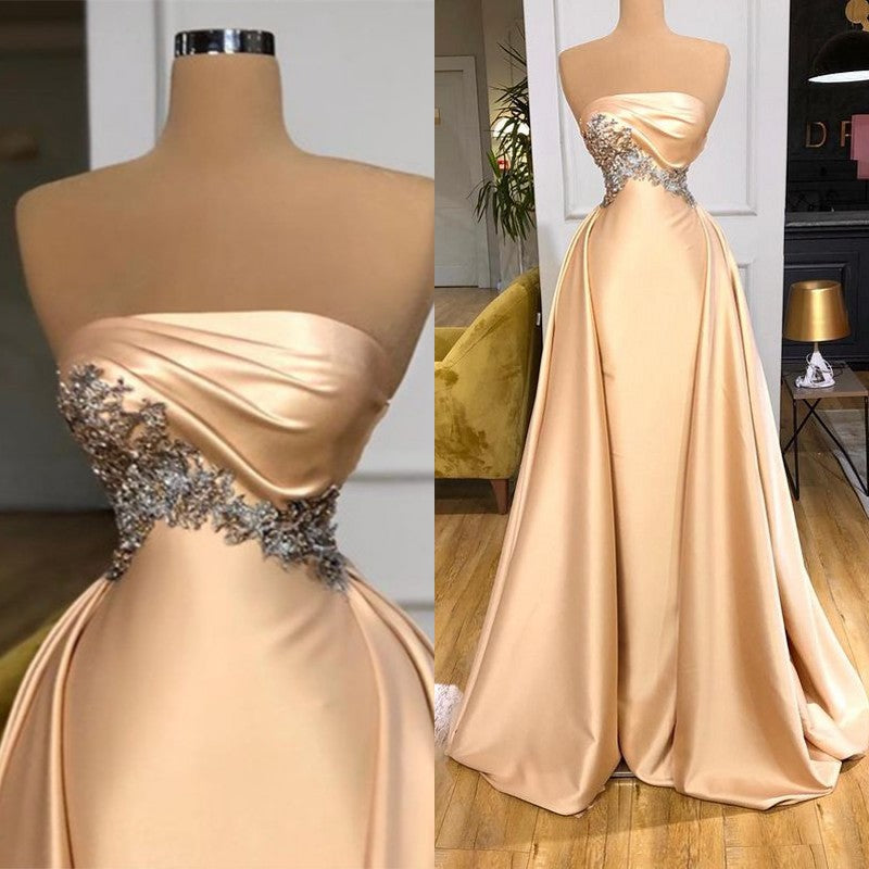 Champagne Strapless Overskirt Prom Dress Long With Crystals