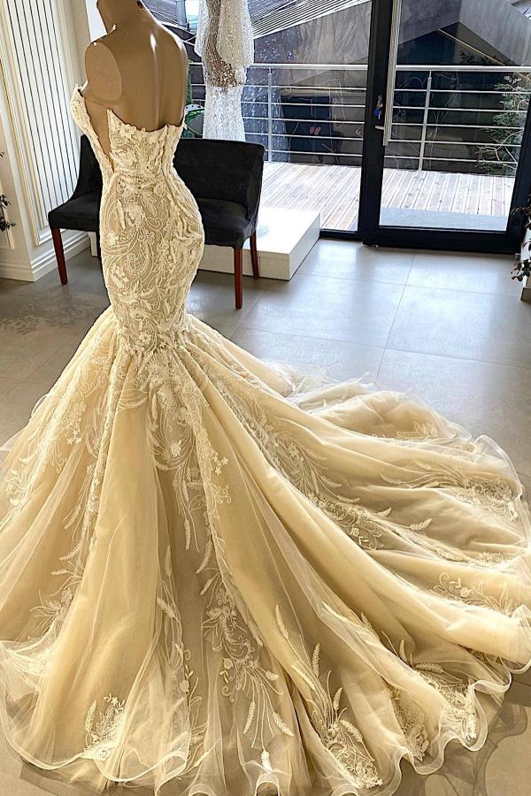 Champagne Sweetheart Wedding Dress Mermaid Lace