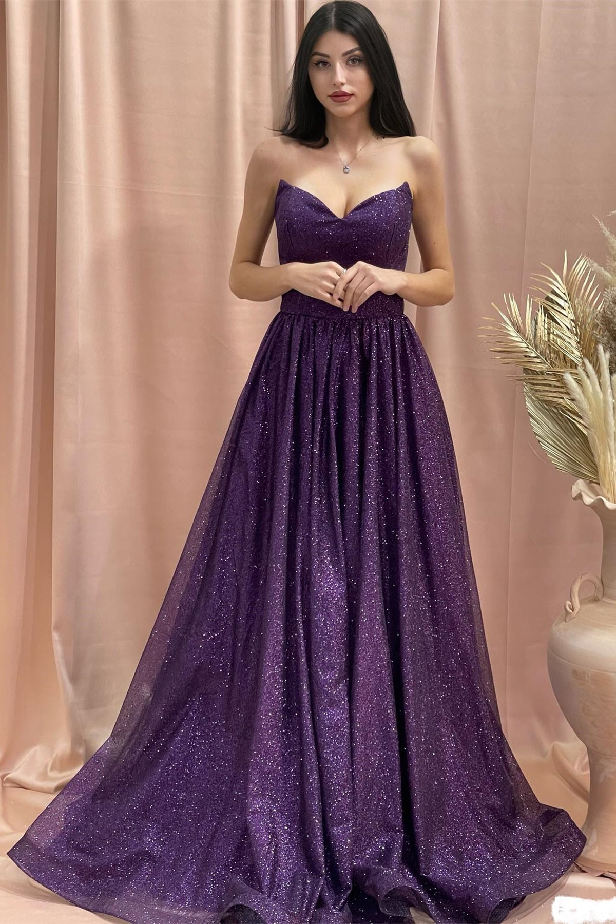 Charming A-line Strapless Sleeveless Sequined Satin Prom Dress