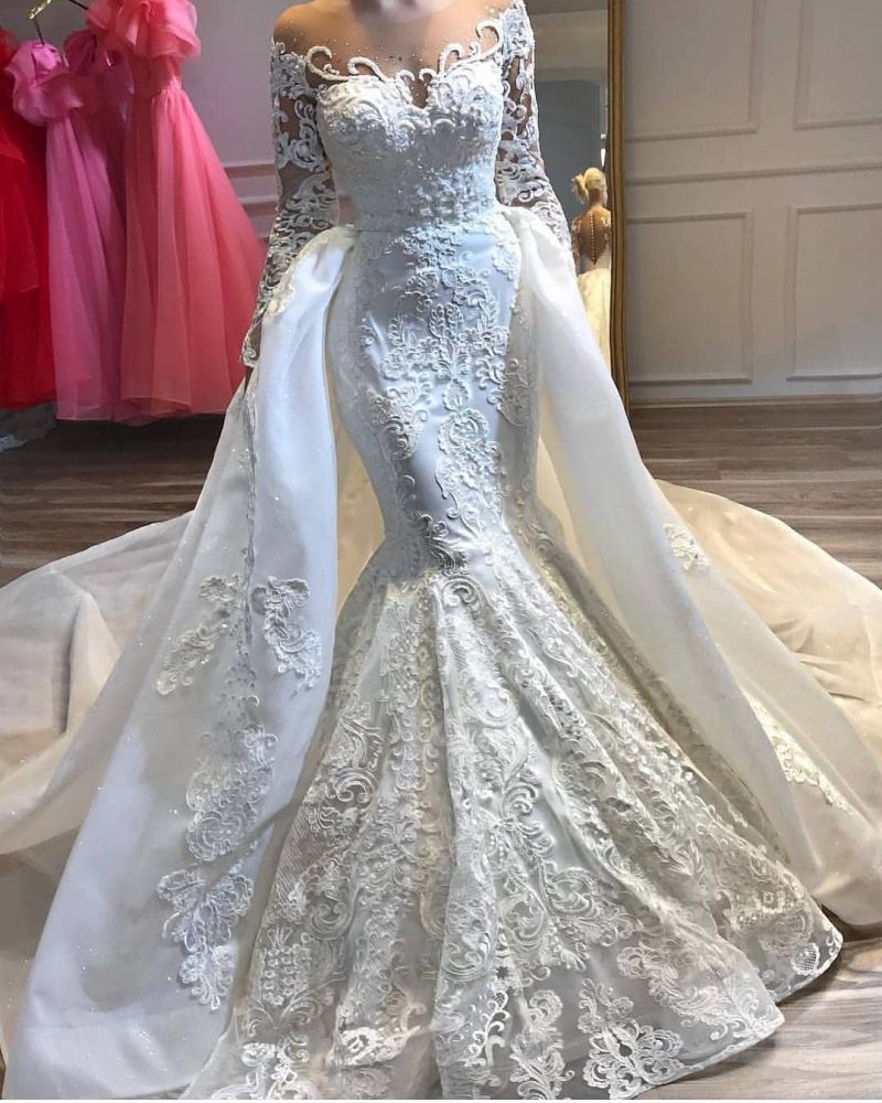 Charming Crew Neck Lace Appliques Mermaid Wedding Bridal Gowns with Detachable Train