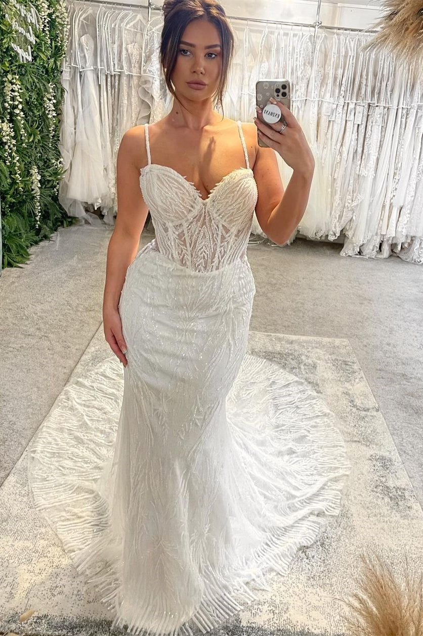 Fabulous Long Mermaid Floor Length Sweetheart Sleeveless Spaghetti Straps Wedding Dress with Chapel Train