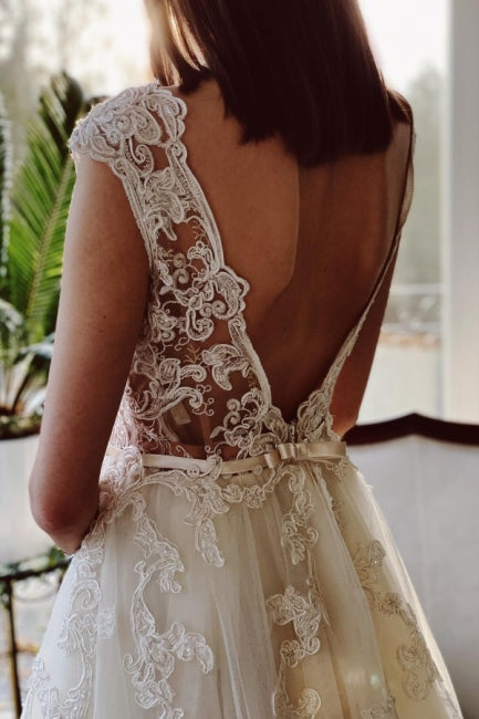 Exquisite Ivory A-Line Garden Floor-Length V-Neck Lace Wedding Dress