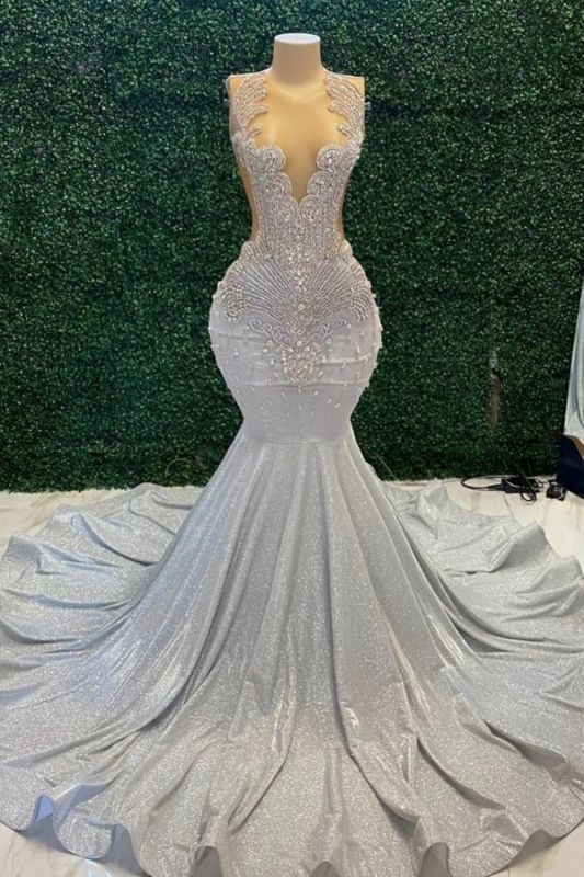 Attractive Jewel Neck Sleeveless Shiny Rhinestones Mermaid Prom Dress